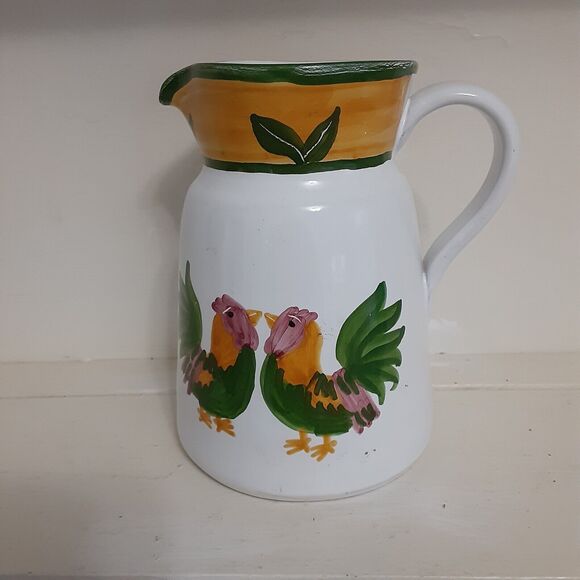 Hand painted terracotta earthenware pottery pitcher roosters french country - Picture 2 of 3
